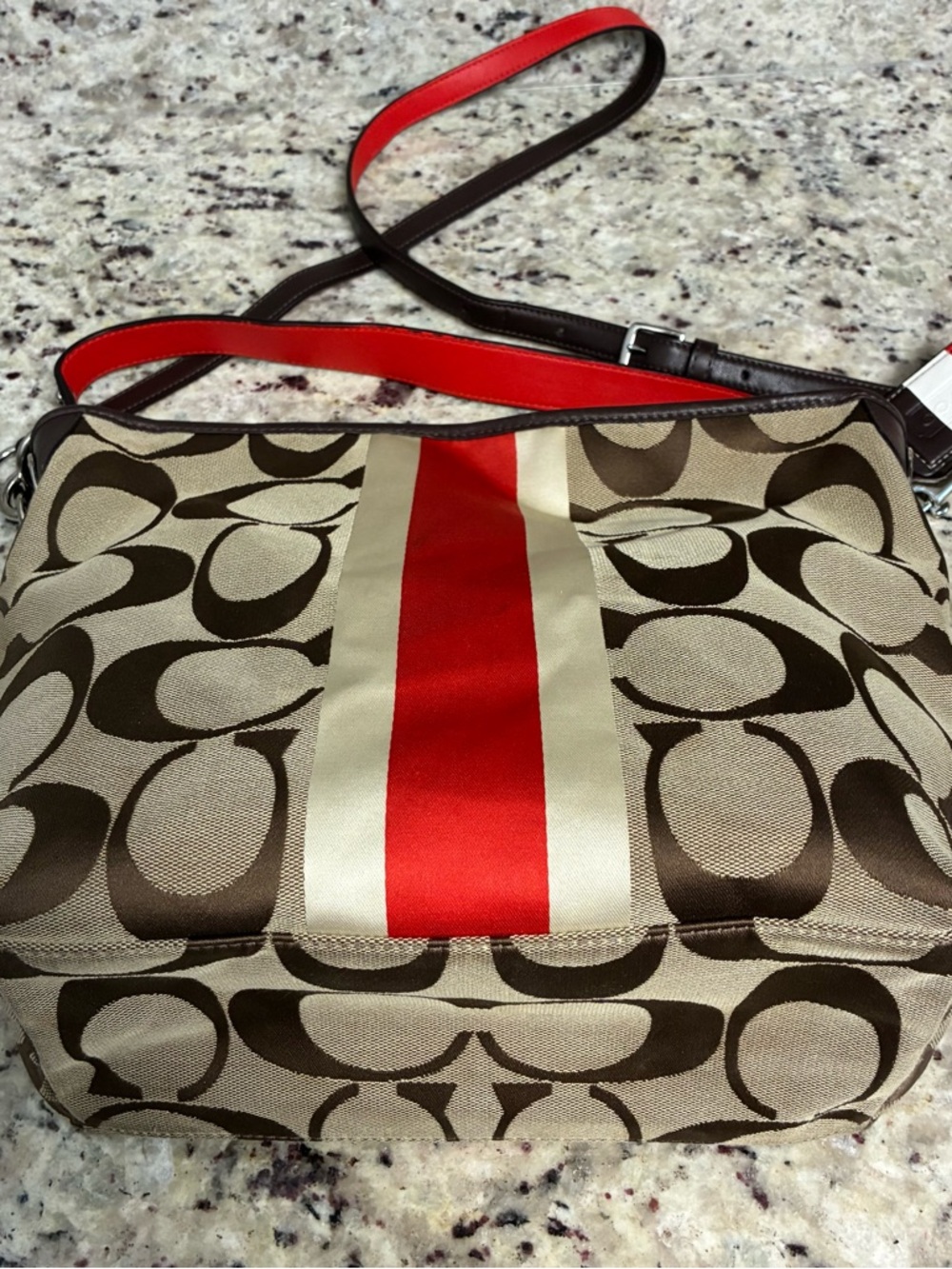 Coach Brown Signature Canvas Shoulder Bag with Red and Cream Stripe - Picture 8 of 8